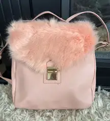 Pink Faux Fur Flap Backpack Cute Girly Shoulder Bag Gold Buckle New