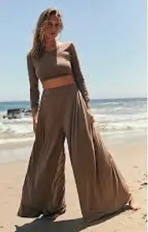 FP BEACH Alia Wide Leg Jersey Knit Pants Java Dark Brown Medium M FREE PEOPLE