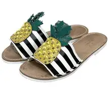 KATE SPADE Women’s black and white striped studded pineapple slides