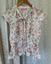 JJ's Fairyland Floral Embroidered Eyelet Self Tie Neck Smocked Waist Blouse S