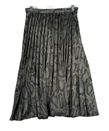 Missguided Snakeskin‎ Print Pleated Midi Skirt A Line Career Party Olive Green