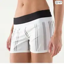 lululemon athletica Women's Groovy Run Shorts - White with Black Stripes