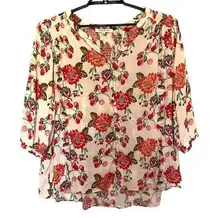 ROSE & OLIVE Floral Popover Womens Top Sz 1X Cream Split V Smocking Boho Buttons