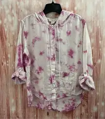 Rachel Zoe Pink Tie Dye Hooded Button Front Linen Shirt