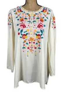 Andree by Unit Floral Embroidered Peasant Blouse Ivory Colorful Boho Size Medium