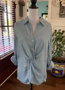 New York & Co Twist Front Light Blue Button-Up Women's Top
