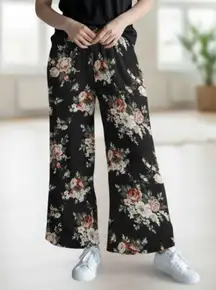 Copper Key Black Floral Wide Leg Pants Boho Palazzo High Waist Lounge VTG Small