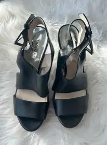 Michael Kors Josephine Wedge Heels Leather Shoes size 7.5 black and wood color