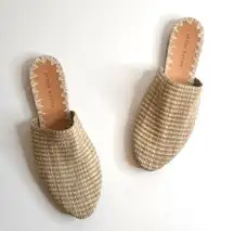 Jenni Kayne Raffia Slip On Flat Mules Whipstitch Trim Natural Tan Women's 38 7.5