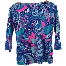Lilly Pulitzer Women XS Alida Boatneck 3/4 Sleeve Top Multi Sea Jewels Blue Pink