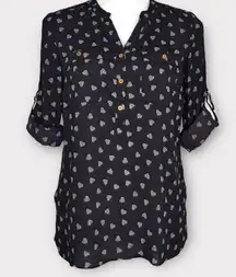 Jaclyn Smith Heart Print Roll Sleeve Blouse (Black) - Medium