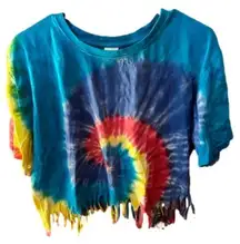 Spirit Brand Multicolored Rainbow Tie Dye Fringe Hem Short Sleeve Top