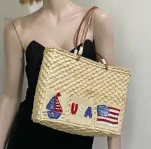 QVC Woven Wicker Basket Straw Purse Handbag USA 4th of July Patriotic Theme