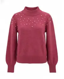 ​CeCe S Fuchsia Pink Pearl Embellished Mock Neck Sweater Puff Sleeve Coquette