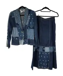 Vintage Jacket Skirt‎ Set Womens Small Blue Patchwork Denim Floral Boho Vintage