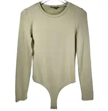 Fleece Lining Long Sleeve Thong Bodysuit In Sage