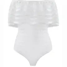 BCBGMAXAZRIA Ruffled Striped-Lace Bodysuit Off-The Shoulders White Size S NEW