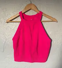 Aerie Pink Halter Ribbed Soft Neon Crop Tank Top Build in Bra