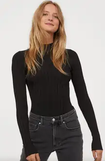H&M Mockenck Ribbed Knit Sweater Fitted Long Sleeve Black Women's Small