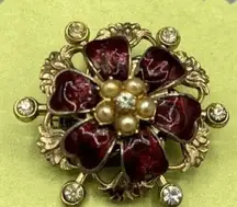 Vintage Coro Brooch Pin Red Floral Burst Rhinestone Gold Tone