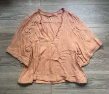 Free People Peach Metallic Deep V Neck Short Sleeve Peasant Top Size XS Autumn