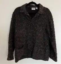 Chico's Design Gray/Black Fuzzy Wool Blend Button Up Sweater Jacket Sz 2 (L)
