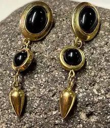 Vtg Quality Trifari Gold Tone Black Onyx Designer Dangle  Drop Earrings