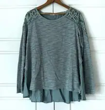 Blue Green Babydoll Top Large Womens Lace Boho Long Sleeve Knit Textured