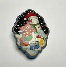 Hand Made In Russia Christmas Holiday Snowman Brooch Pin Paint Lacquer Russian