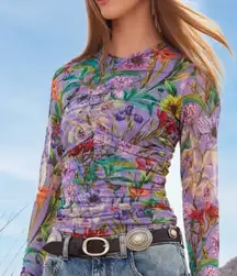 Johnny Was Floral Mesh Ruched Long Sleeve Top - Boho Vibrant Print small NWT