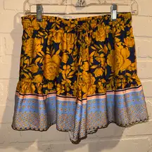 Lavender Brown Floral Shorts ruffled lined small drawstring