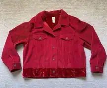 J Jill Red Corduroy Velvet Collared Jacket Button Down Vintage Coat Size MP