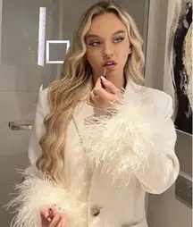 HOUSE OF CB Iman Feather Trim Oversize Crepe Blazer in Ivory Size Small