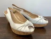 Franco Sarto Womens Slingback Leather Peep-Toe Cork Wedge Sandals White Size 10M