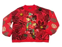 Ugly Christmas Sweater Women's XXL Red Flamingo Parrot Tropical Holiday Knit