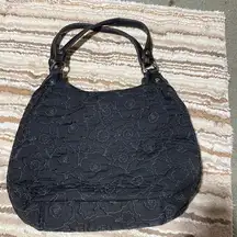 Thirty-One 31 black quilted floral shoulder bag hand bag 3 compartment zippers