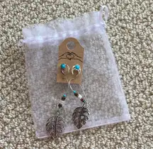 NEW Boho Silver Earrings Set Feather Hang Style and Horshoe Post Turquoise NWT