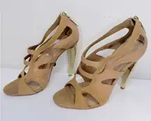 L.A.M.B. Dominica Tan Peep-Toe Gold Heel size 7