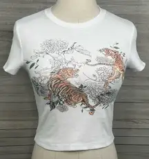 Baby Tee Stretchy Cropped White with Tiger Graphic-Large