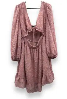 SHEIN Pink Feather Fringe Tie Open Front Long Sleeve Mini Dress Size 4XL‎