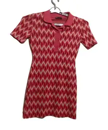 Zara Knit Jacquard Collar Polo Mini Geometric Print Red Pink women's dress M