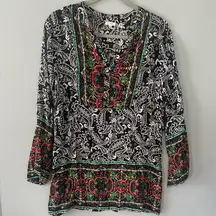 En Crème Black Multicolor Paisley Boho Peasant Tunic Top