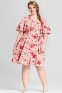 - Pink Floral Print Faux Wrap Dress With Layered Ruffle Short Sleeve