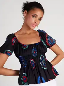 Kate Spade Smocked Puff Sleeve Riviera Top Peplum Fireworks Small Patriotic