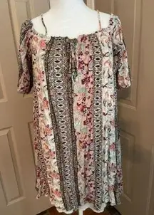 Nanif off the shoulder paisley floral stripe print mini dress.