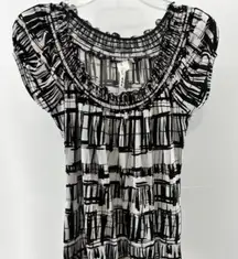 Women's Heart Soul Boho Blouse L Black White Short Sleeve Smock Neck Waist Tie