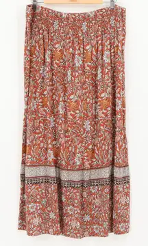 J Jill Boho Floral Maxi Skirt Womens Cottage Prairie Smocked Waist Fall Size L