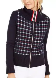 TOMMY HILFIGER Plaid Funnel Zip Front Sweater Jacket NEW Size XS