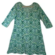 Fresh Produce Dalia Dress 3/4 Sleeve Lt Aqua Green Blue IKat Geometric Sz L