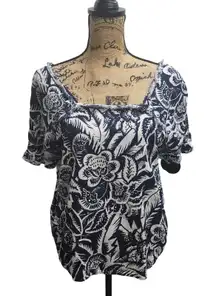 Floral Print Top Square Neck Short Sleeve Blue White Bohemian Blouse‎